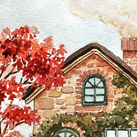 Watercolour Cottage Painting, Watercolor Stone House, Home Watercolor Painting, House Watercolor Illustration, Watercolor Cobblestone, Nianiani Watercolor, Acotar Watercolor, Watercolor Buildings Easy, Watercolour Writing