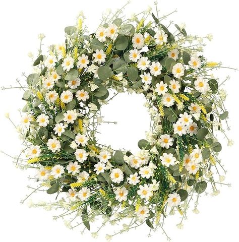 Amazon.com: Sggvecsy White Daisy Wreath 24 Inch Spring Summer Wreath Fake Silk Floral Wreath with Green Eucalyptus Leaves and Lavender for Front Door Window Wall Wedding Farmhouse Festival Decor : Home & Kitchen Daisy Wreath, Spring Summer Wreath, Yellow Wreath, Spring Floral Wreath, Material Wreaths, Lavender Wreath, White Wreath, Eucalyptus Wreath, Leaf Wreath