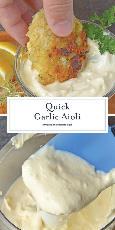 Quick Garlic Aioli is one of the easiest ways to punch up any dish or meal. Make this simple sauce in less than 5 minutes! #aiolirecipes #garlicaioli www.savoryexperiments.com White Sauces, Aoili Recipe, Aioli Sauce Recipe, Garlic Aioli Sauce, Garlic Aioli Recipe, Homemade Aioli, Aioli Sauce, Aioli Recipe, Food Sauces