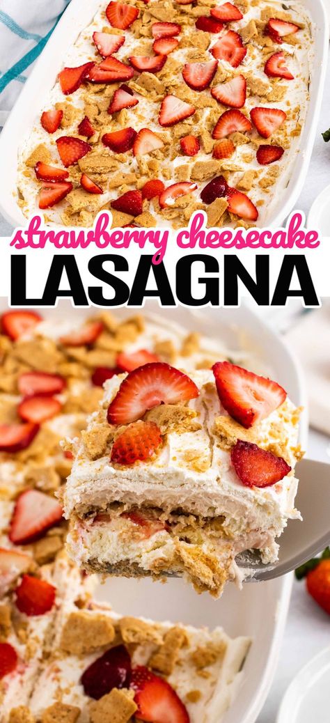 Strawberry Lasagna Desserts, Strawberry Cheesecake Lasagna, Cheesecake Lasagna, Strawberry Lasagna, Nobake Dessert, Layer Cheesecake, Dessert Lasagna, Layered Dessert, Strawberry Delight