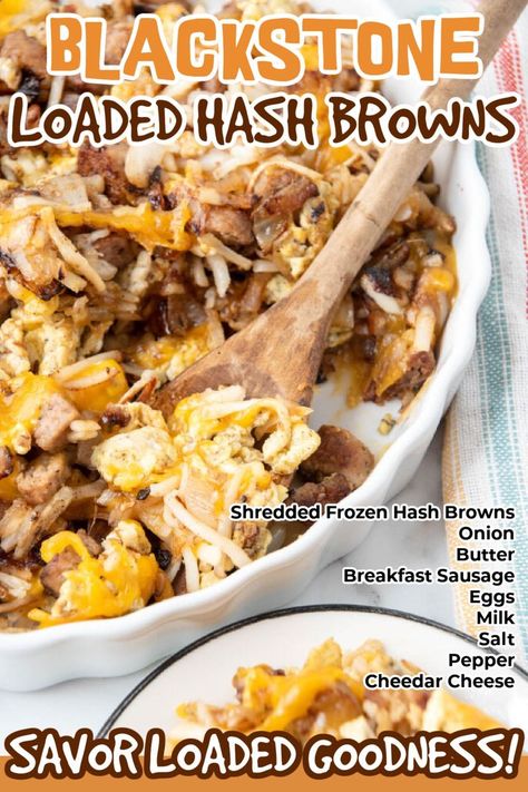 These Blackstone Loaded Hashbrowns are full of flavor and cook easily on the flat top grill. These hashbrowns are delicious and cook crispy. Make this delicious loaded hashbrown recipe today for breakfast, lunch or dinner. Save this recipe for the next time you are feeding a crowd. #grillonadime #blackstoneloadedhashbrowns #loadedhashbrowns Blackstone Camping Recipes, Loaded Hashbrowns, Blackstone Camping, Flat Top Recipes, Griddle Cooking Recipes, Breakfast Sausage Links, Mom Breakfast, Breakfast Hashbrowns, Blackstone Recipes