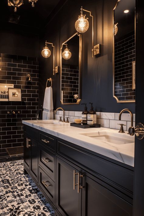 Black House Design Interior, Black Ceiling Bathroom Ideas, Moody Small Full Bathroom, Bathroom Black And Brown, Moody Bathroom Master, Aesthetic Bathroom Colors, Dark Romantic Bathroom Ideas, Black Bathroom Remodel Ideas, Modern Victorian Interior Design Bathroom