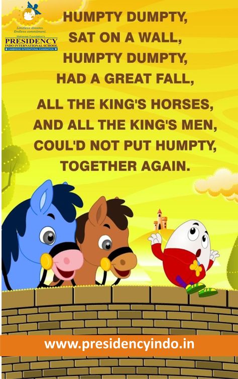 Poem - Humpty Dumpty for #primary, #preprimary kids @presidencyindo International school Humpty Dumpty Poem, Nursery Rhymes Poems, Nursery Rhymes Lyrics, Rhymes Lyrics, King Horse, Kings Man, Humpty Dumpty, Great Falls, Together Again