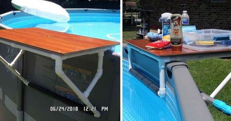 Above Ground Pool Swim Up Bar Ideas, Swimming Pool Table Ideas, Above Ground Pool Shelf Diy, Pool Side Table Ideas, Above Ground Swim Up Bar, Poolside Table Above Ground, Above Ground Pool Table Diy, Above Ground Pool Shelf, Diy Pool Side Table