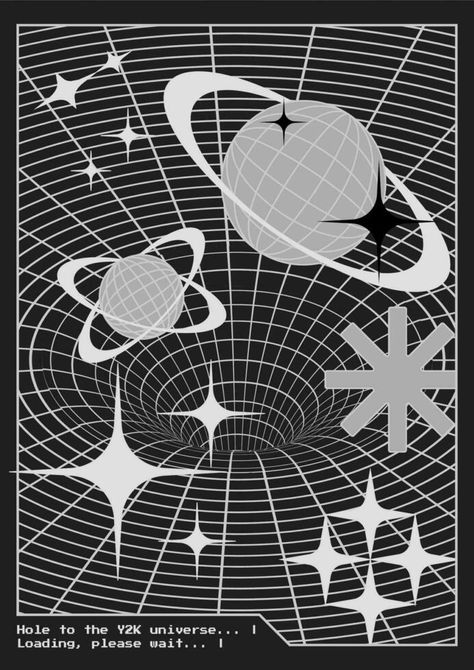 Trendy Y2K poster with 3d vector tunnel, planets, symbols and stars. Vertical banner in 2000s vintage aesthetic. Planets Symbols, 3d Tunnel, Y2k Poster, Vertical Banner, Vintage Banner, 3d Vector, Banner Ad, Y2k Wallpaper, Aesthetic Vintage