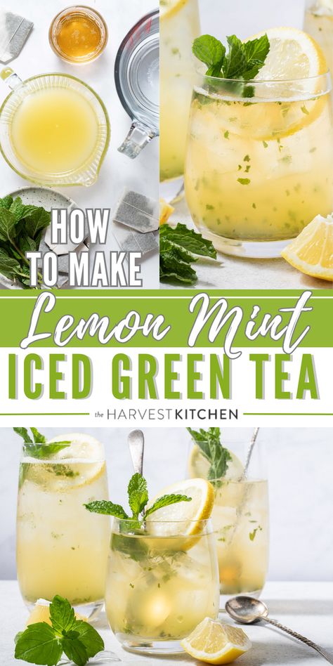 Looking for a fun and refreshing non-alcoholic drink to sip on this summer? This Iced Lemon Mint Green Tea recipe is made with green tea, lemon juice, fresh mint leaves and honey. It’s delicious and pretty and so easy to make. Green Tea Lemon, Harvest Kitchen, Green Tea Recipes, Iced Green Tea, Iced Tea Recipes, Mint Recipes, Refreshing Drinks Recipes, Fresh Recipes, Green Drinks