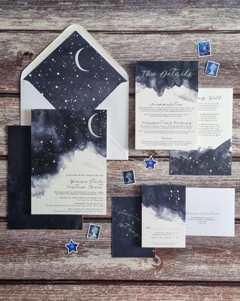 Moon Wedding Theme, Starlight Wedding, Starry Night Wedding Theme, Midnight Wedding, Celestial Wedding Invitations, Star Themed Wedding, Celestial Wedding Theme, Starry Wedding, Wedding Theme Color Schemes