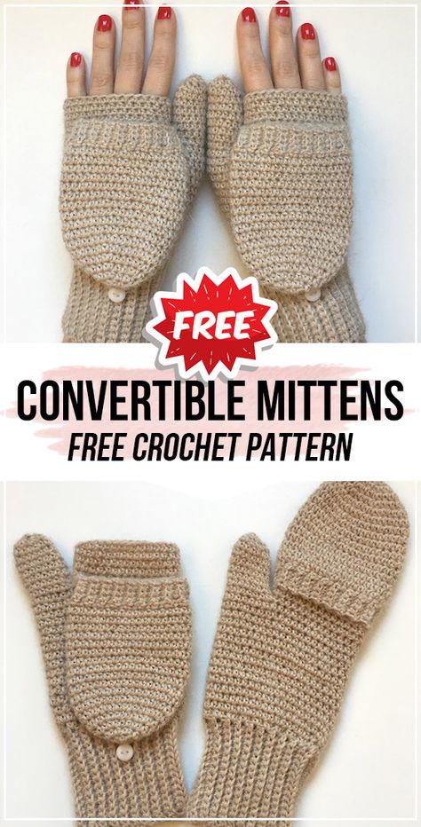 crochet Convertible Crochet Mittens free pattern     #Mittens  #crorchet #freecrocehtpattern via @shareapattern.com Mittens With Flip Top, Crochet Quick Projects Free, Mittens Free Pattern, Crochet Fingerless Gloves Free Pattern, Crocheted Gloves, Crochet Baby Mittens, Crochet Mitts, Crochet Mittens Free Pattern, Crochet Wrist Warmers