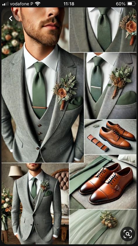 Wedding Suit Inspo Men, Green Groom Suit Grey Groomsmen, Gray And Green Groomsmen Attire, Grey Suit Olive Green Tie, Beige Suit Green Tie Wedding, Eucalyptus Wedding Groom, Dark Grey Suit Green Tie Wedding, Khaki And Sage Wedding, October Wedding Suits