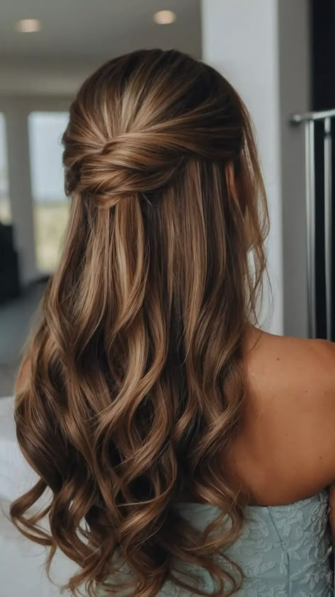 Elevate Your Bridesmaid Game with These 15 Hair Ideas! - Fads Half Up Wedding Hair Long Length, Half Up Half Down Wedding Hair Medium Length Bridesmaid Braid, Elegant Bridesmaid Hair Half Up, Medium Length Brunette Wedding Hair, Formal Hairstyles For Medium Hair Half Up Half Down, Elegant Wedding Hair Half Up, Bridal Half Up Half Down Hair Brunette, Hair Down Wedding Bridesmaid, Half Up Half Down Hair With Curls