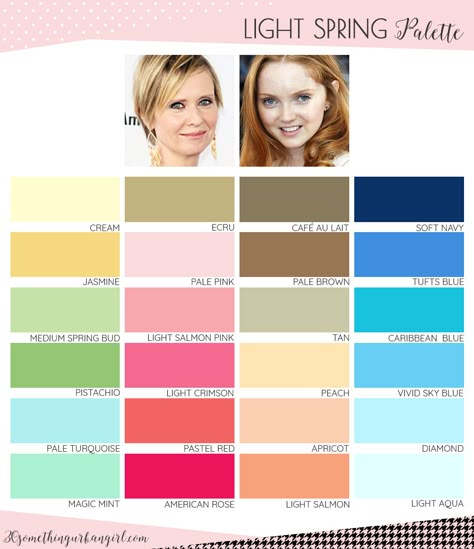 Best colors for Light Spring seasonal color women; Light Spring color palette with names Light Spring Palette, Light Spring Color Palette, Light Summer Color Palette, Spring Colour Palette, Light Spring Colors, Color Seasons, Spring Light, Spring Palette, Soft Spring