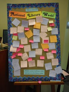 NLW idea- ask ppl to post-it-write why they came to the library - from Library Lalaland National Library Week Display, National Library Week Ideas, Library Week Activities, Passive Programming Library, Passive Programming, National Library Week, Library Humor, Passive Programs, Library Programming