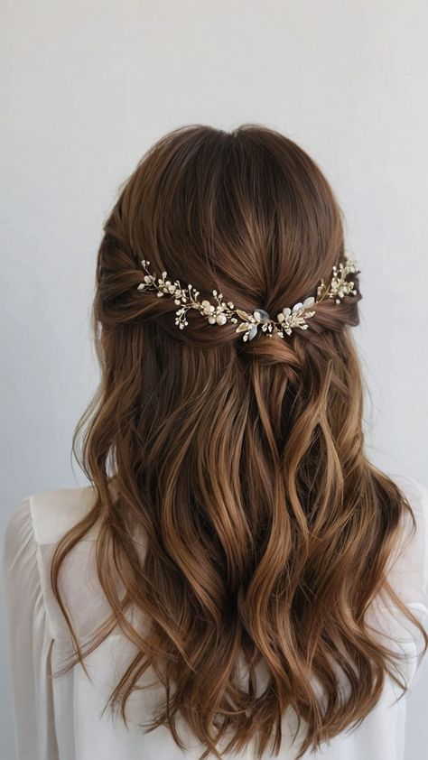 Looking for bridesmaid hairstyles for long hair Discover stunning options like half up Brunette simple loose curls half up half down and more for your wedding day Find easy boho and elegant styles that are perfect for any wedding theme Whether you prefer updos side hairstyles or half up half down braids we have the inspiration you need Curled Bridesmaid Hair Half Up, Boho Wedding Hair Simple, Wedding Hair Half Pulled Back, Half Up Half Down Wedding Braid, Hairstyles For Prom Updo Elegant, Wedding Brown Hair Hairstyles, Deb Hair Styles, Bridesmaid Hair With Hair Piece, Bridesmaid Hair Fine Hair Half Up