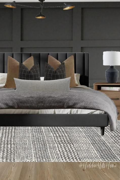 Bedroom Decor Gray Bedding, Grey And Black Bedding Ideas, Guest Bedroom Ideas 2023, Masculin Bedrooms, Slate Gray Accent Wall Bedroom, Masculine Master Bed, Masculine Bed Frame, Masculine King Bed, Bedroom With Dark Gray Accent Wall