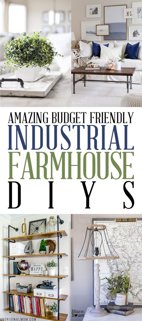 Amazing Budget Friendly Industrial Farmhouse DIYS - The Cottage Market Farmhouse And Industrial Style, Industrial Farmhouse Fireplace, Industrial Diy Decoration Ideas, Diy Industrial Home Decor, Diy Farmhouse Desk, Farmhouse Diys, Industrial Farmhouse Living Room, Diy Farmhouse Coffee Table, Living Room Industrial