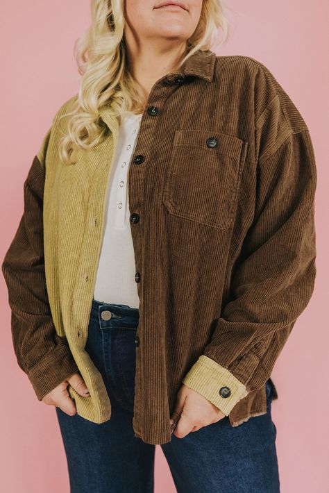 $10.5 Brown Plus Size Color Block Corduroy Shacket Wholesale Corduroy Shacket, Corduroy Material, Button Up Jacket, Classic Denim Jacket, Plus Size Outerwear, Wrap Coat, Corduroy Fabric, Stylish Plus, Sherpa Jacket