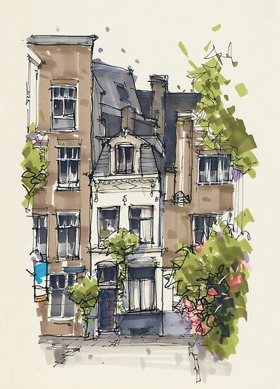 Albert Kiefer, Watercolor House Painting, Line And Wash, Amsterdam Canals, Watercolor Architecture, Canal House, Urban Sketches, Urban Sketch, Charcoal Drawings