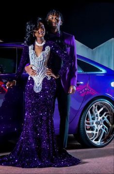 Creative Prom Outfits, Purple Couple Prom Outfits, Prom 2022 Black Couples, Blue Prom Dress Black Couple, Prom Dresses Purple And Black, Royal Purple Prom Dress Couple, Best Prom Colors For Couples, Dark Purple Prom Dress Black Women, Purple Homecoming Dress Black Women