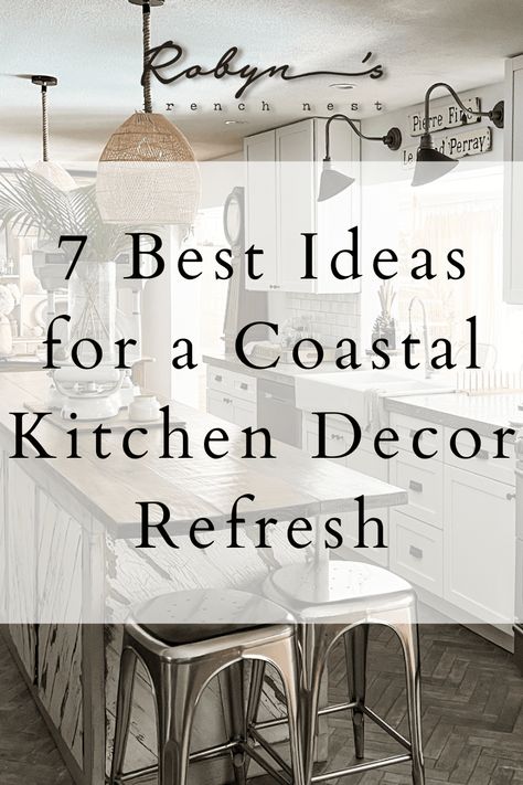 Kitchen Coastal Decor, Black Coastal Kitchen, Coastal Kitchen Counter Decor Ideas, Costal Kitchen Aesthetic, Cape Cod Kitchen Ideas, Kitchen No Upper Cabinets, White Coastal Kitchen, Seaside Cottage Decor, Modern Coastal Kitchen