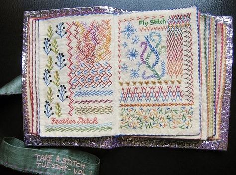 Stitches, How to make and Embroidery sampler on Pinterest Fabric Books, Embroidery Sampler, Fabric Journals, Embroidery Book, Pola Sulam, Embroidery Stitch, Crazy Quilting, Stitch Book, Needlework Embroidery