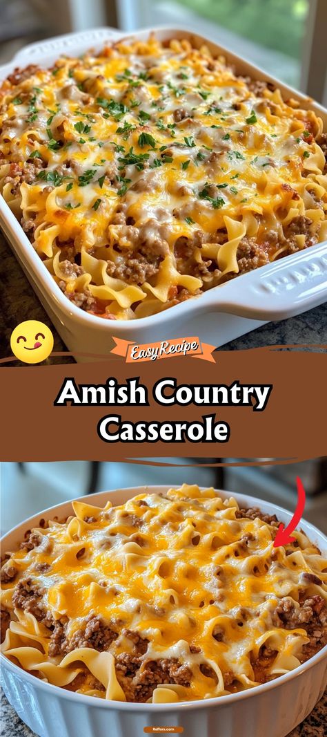 Enjoy a taste of comfort with this Quick Amish Country Casserole. It's a hearty mix of tender pasta, seasoned ground beef, and a creamy sauce, all baked until bubbly and golden. Simple to prepare and utterly satisfying, it's the perfect dish for a cozy family dinner. #AmishRecipes #EasyCasserole #FamilyDinner Ground Beef Supper Ideas Easy Dinners, Ground Meat Casserole Easy Dinners, Egg Noodle Beef Casserole, Country Casserole Recipes, Amish Pasta Casserole, Simple Ground Beef Casserole Recipes, Ground Beef And Eggs Recipes For Dinner, Easy Beef Casserole Recipes For Dinner, Holiday Comfort Food