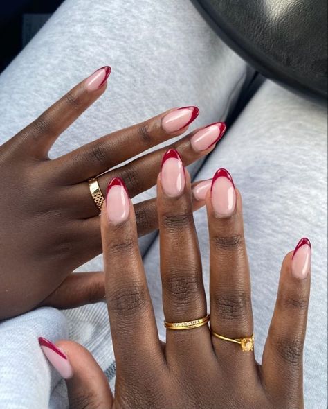 Red French Tip Almond Nails Short, French Red Almond Nails, Red Tip Acrylic Nails Almond, Deep Red French Tip Nails Almond, Red Tips Almond Nails, Red French Tip Nails Almond Christmas, Cherry Tip Nails, Deep Red Tip Nails, Almond Nails Colored French Tip