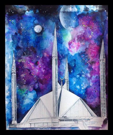 Experimented something new. galaxy art, watercolors, faisal mosque, Pakistan. Faisal Mosque Painting, Faisal Mosque Drawing, Islamic Painting Ideas, Faisal Masjid, Mosque Drawing, Faisal Mosque, Earth Day Activities, Colour Splash, Science Notes