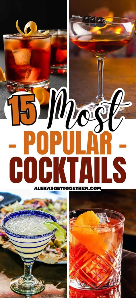 Here I've got a list of the most popular cocktails that are most commonly ordered at parties, bars or restaurants. Common Bar Drinks, Best Bar Drinks, Popular Bar Drinks, Fruity Vodka Drinks, Most Popular Alcoholic Drinks, Bar Drink Recipes, Popular Alcoholic Drinks, Cocktail Party Drinks, Popular Cocktail Recipes