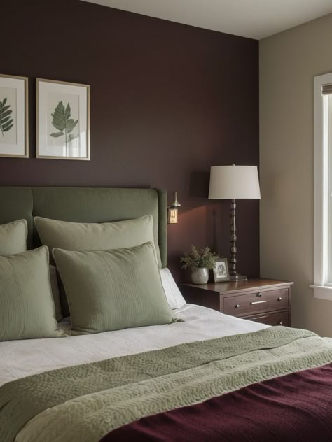 Create a cozy atmosphere in your bedroom with an accent wall. Choose a warm and inviting color like a deep burgundy or a soothing sage green. Complete the look with soft, textured pillows and a plush throw blanket. Maroon Bedroom, Burgundy Bedroom Ideas, Dark Cottagecore Home, Warm Bedroom Ideas, Burgundy Room, Burgundy Bedroom, Burgundy Decor, Sage Bedroom, Burgundy Walls