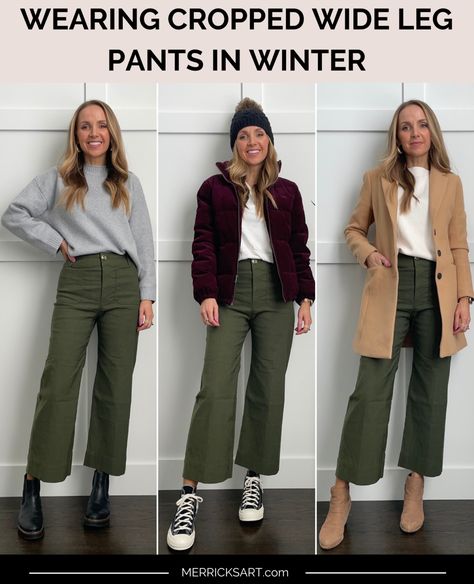 Wide Legged Pants Outfit Winter, Green Cords Outfit, Lulu Lemon Wide Leg Pants Outfit, Spring Outfits Brunch, Green Cord Trousers Outfit, Wide Leg Crop Pants With Ankle Boots, Grace Karin Pants, Green Barrel Pants Outfit, Womens Wide Leg Pants Outfit