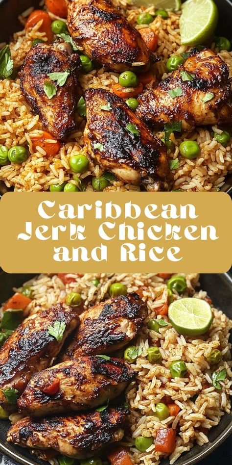 Escape to the Caribbean with this Caribbean Jerk Chicken and Rice recipe! 🍗🌴 Packed with bold jerk spices, tender chicken, and seasoned rice, this one-pot meal is perfect for busy weeknights or meal prepping for the week. 🍚🔥 Easy to make and full of flavor, it's like a tropical vacation in a dish! 🌺🌞 #JerkChicken #CaribbeanRecipes #OnePotMeals #MealPrep #ChickenAndRice #EasyDinner #FlavorfulMeals #TropicalRecipes #ComfortFood #SpicyFood Caribbean Chicken Crockpot, Caribbean Chicken And Rice Recipes, Jamaica Jerk Chicken Recipe, Grilled Chicken With Rice Recipes, Jerk Chicken Recipe Stove Top, Instapot Jerk Chicken, Jerk Chicken Philly Cheesesteak, Jamaican Recipes Chicken, One Pot Cajun Chicken And Rice