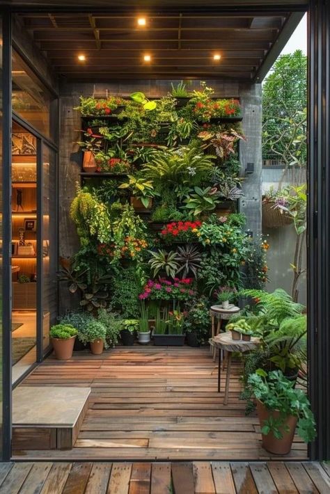 Living Plant Walls Outdoor, Balcony Vertical Garden Ideas, Vertical Garden Design Interiors, Vertical Plant Wall Outdoor, Small Deck Furniture Ideas, Small Deck Layout, Balcony Farm, Small Vertical Garden, Vertical Garden Outdoor