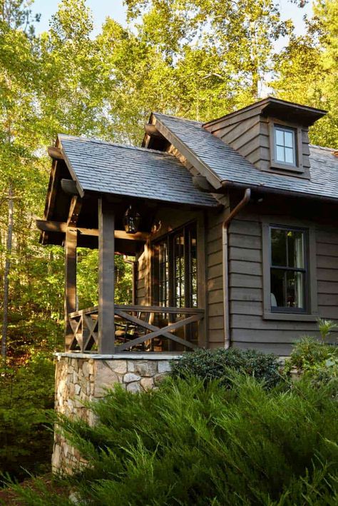 Love all the extra touches, the craftsman details.  Whimsical lakeside cottage retreat with cozy interiors on Lake Keowee Rustic Cottage Exterior, Rustic Lake Houses, Stone Exterior Houses, Lake Houses Exterior, Lake Keowee, Cottage Retreat, Cottage Lake, Lakeside Cottage, Cottage Decorating