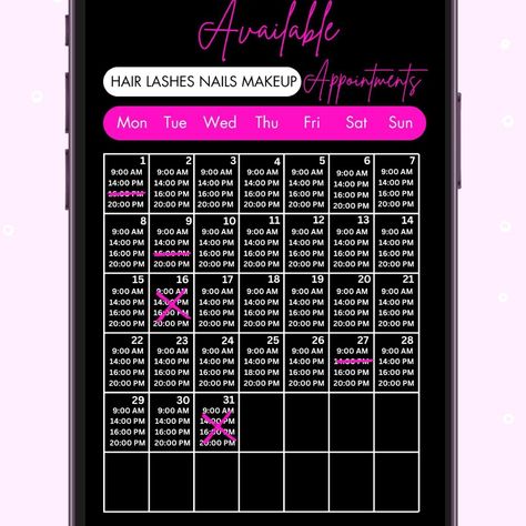 Acuity Scheduling Monthly Availability Weekly Calendar for your Instagram Story or post. 🦋 Saves Time 😎 Boosts Sales 🩷 Looks Cute! Available Monthly Booking Time Slots very easy to edit in Cavna. Social Media Post Template for hair stylists, lash tech, nails tech, and anyone else in the beauty industry who needs a cute calendar for their IG story!🩷 https://7cf5d5-65.myshopify.com/products/acuity-scheduling-design-july-availability-calendar-instagram-story-monthly-available-booking-time-sl... Calendar Instagram Story, Acuity Website Design, Tech Nails, Booking Calendar, Nails Tech, Scheduling Template, Canva Social Media, Wellness Industry, Cute Calendar