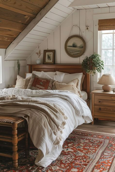 Vintage farmhouse bedroom decor holds a special place in my heart because of its timeless appeal and rustic elegance. The combination of distressed wood, muted color palettes, and delicate floral patterns exudes a sense of tranquility and nostalgia. Vintage Farmhouse Master Bed, Vintage Style Room Decor, Cozy European Home, 1800 Farmhouse Interior, Vintage Inspired Bedroom Ideas, British Country Style Interior, Cottage Core Guest Bedroom, Bedroom Ideas Mountain, Rustic Small Bedroom Ideas