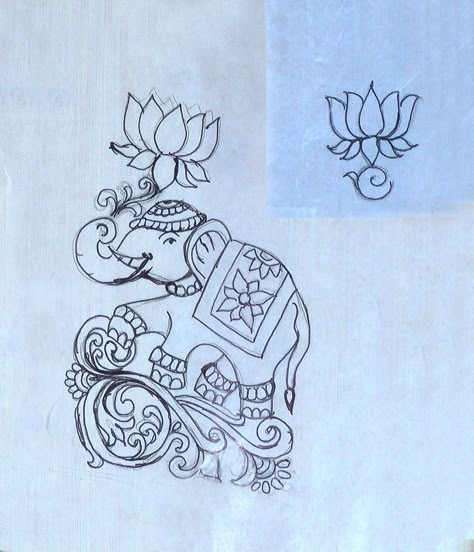 Tanjore Painting Tracing, Elephant Fabric Painting, Tanjore Painting Sketches For Blouse, Elephant Simple Drawing, Aari Work Drawing Designs, Tanjore Sketches, Tanjore Painting Sketches, Indian Elephant Drawing, Elephant Art Drawing