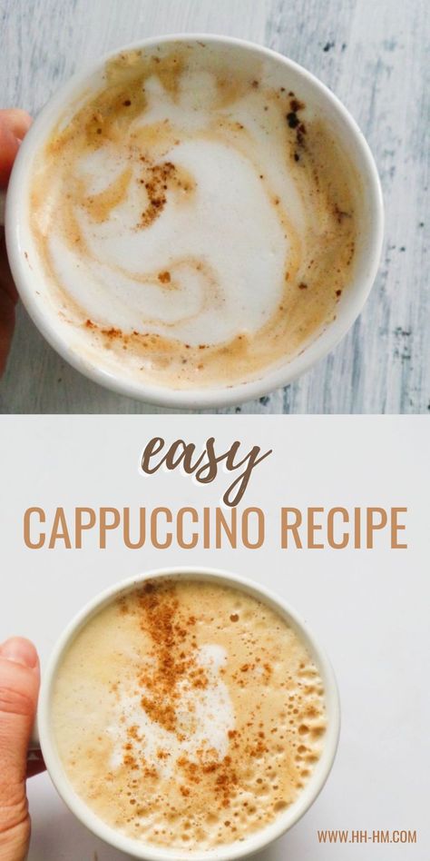 How to make cappuccino at home without a frother. This cappuccino recipe will ensure you don't leave your house... Cappacino Recipes, Capuchino Recipe, White Chocolate Cappuccino Recipe, Homemade Cappuccino Recipe, How To Make A Latte At Home, Capachino Recipe, Capachino Recipe Coffee, How To Make A Cappuccino, How To Make Iced Cappuccino