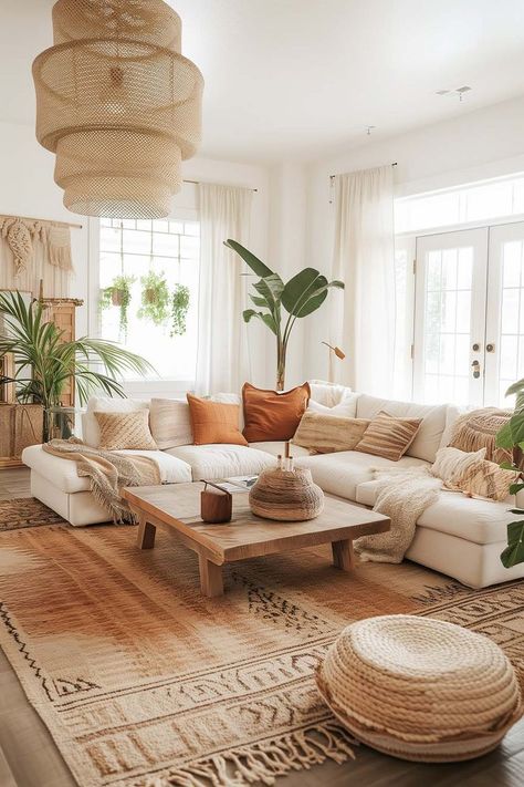 Cozy Boho Living Room with earthy color scheme, vintage rug, hanging plants, and wood coffee table. Boho Living Room Inspiration, Jungle Bedroom, Modern Boho Living Room, Interior Design Per La Casa, Boho Living Room Decor, Neutral Living Room, Bohemian Living Room, Boho Living, Boho Interior