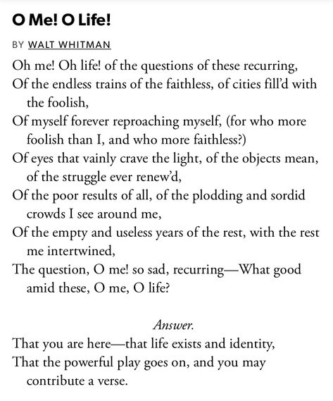 Oh Me Oh Life Walt Whitman, Whitman Poems, Walt Whitman Poems, O Me O Life, Spike Milligan, Good Sentences, Dead Poets Society, Walt Whitman, Sea Painting