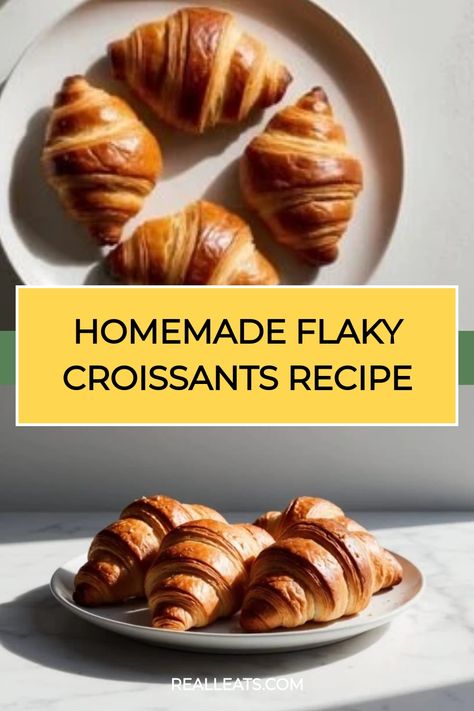 Homemade flaky croissants on a plate, styled for a recipe. Croissant Recipe Chocolate, How To Make Croissant, How To Make Crossiants, Traditional French Breakfast, Making Croissants, Croissants Recipe, Flaky Croissants, French Croissant, Homemade Croissants