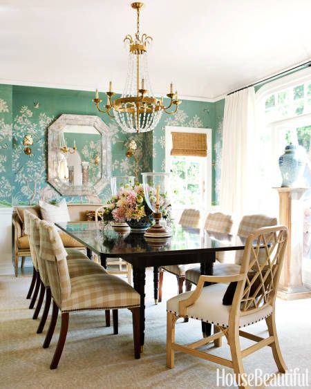 Both sets of chairs, and the Christiansen dining table, are from Hickory Chair. Lacquer Dining Room, Chinoiserie Dining Room, Chinoiserie Furniture, Disney House, Hickory Chair, Hollywood Homes, Chinoiserie Chic, Dining Room Inspiration, Dining Room Ideas