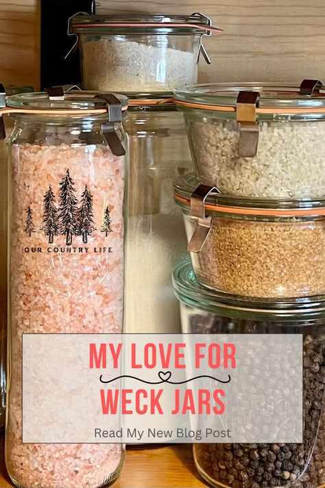 Stacked Weck  Glass Jars with pantry supplies Weck Glass Jars, Weck Jars Ideas, Weck Jars Pantry, Decorating With Glass Jars, Glass Jar Decorating Ideas, How To Store Flour, Jar Decorating Ideas, Glass Jar Storage, Canning Jar Storage