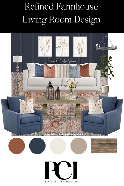 White Couch Blue Chairs Living Room, Modern Farmhouse Blue Living Room, Blue Tan Living Room Decor, Farmhouse Living Room Blue Accent, Tan Gray And Blue Living Room, Denim Couch Living Room Color Schemes, Gray Blue Rust Color Palette, Farmhouse Living Room With Blue Accents, Dusty Blue Home Decor