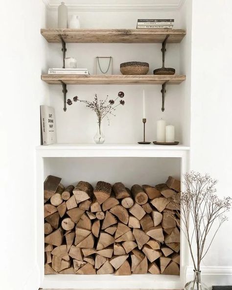 Chesters Bespoke Interiors on Instagram: "New rustic wood shelving and open log store! By repurposing the existing built in cupboard, I created a lovely log store fit for the cold season! Why hide your logs away when you can display them and make a feature! I also replaced the existing alcove shelving with these reclaimed Scaffold shelves and added antique brass brackets for some extra decoration! #logstore #rusticshelves #alcoveshelving #reclaimedwood #livingroom #livingroomdecor #bristolcar Shelves Around Fireplace, U Couch, Rustic Wood Shelving, Alcove Ideas Living Room, Firewood Storage Indoor, Freestanding Closet, Alcove Shelves, Alcove Storage, Alcove Cupboards