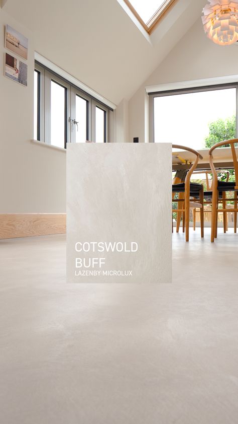 Pawfect for all the family 🐾 With two cats and two dogs, a low-maintenance and stain-resistant floor was non-negotiable. Significant depth issues meant that installation of polished concrete was impossible without removing the entire floor. Such restrictions are common in refurb projects so we introduced our clients to Lazenby MicroLux. The rich and creamy tones of Cotswold Buff exude a sense of peace, calm and tranquility. The result is a seamless floor and an effortlessly serene interior. White Concrete Flooring, Modern Epoxy Flooring, Concrete Floor With Rug, Lazenby Polished Concrete, Kitchens With Polished Concrete Floors, Concrete Floor Stains, Grind And Seal Concrete Floors, House With Concrete Floors, Cream Concrete Floors