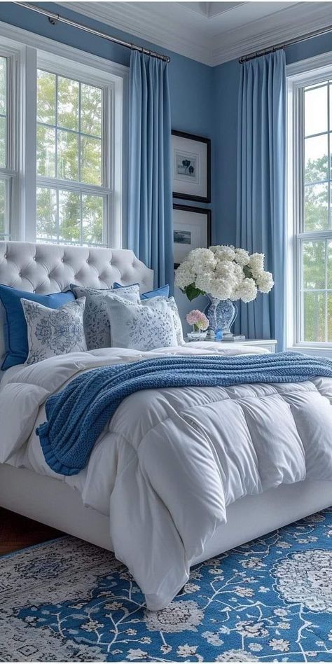 Blue Bedroom Walls, Blue Bedroom Decor, Bedroom Walls, Blue Rooms, Blue Bedroom, Master Bedrooms Decor, Master Bedrooms, White Bedding, Room Inspiration Bedroom