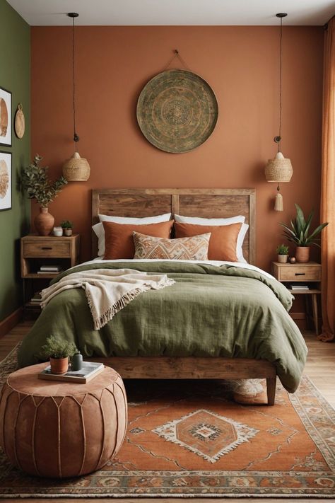 Terracotta Green Yellow Bedroom, Terra Cotta Green Bedroom, Teracota Painting Wall Bedroom, Rust And Green Bedroom Ideas, Terracotta And Green Bedding, Earthy Mcm Bedroom, Rust Colored Bedroom Walls, Desert Rose Bedroom, Terracotta Bedspread Bedroom