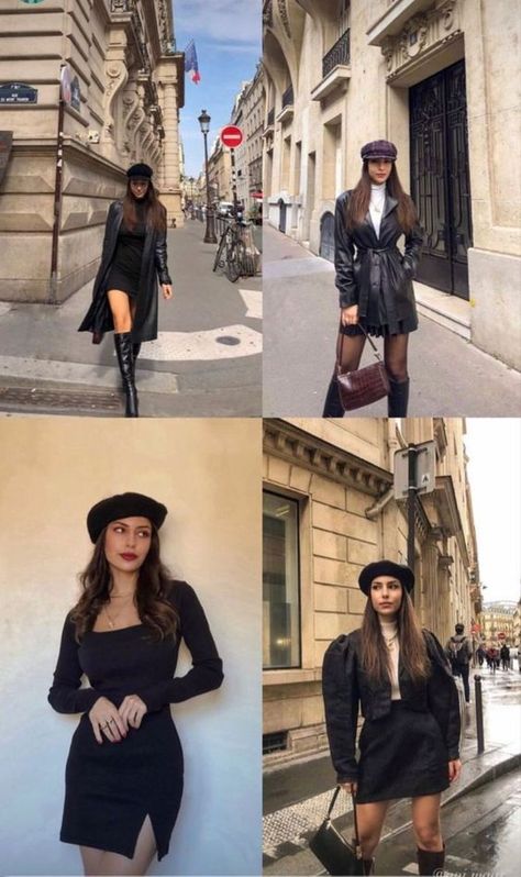 Women’s European Fashion Summer, Classy Outfits With Hats, Black Dress Parisian Style, Winter Outfit With Beret Hat, Beret Outfit Women, Styling A Beret Outfit, Winter Fashion Show Outfit, Fancy Restaurant Outfit Ideas, Punk Beret Outfit