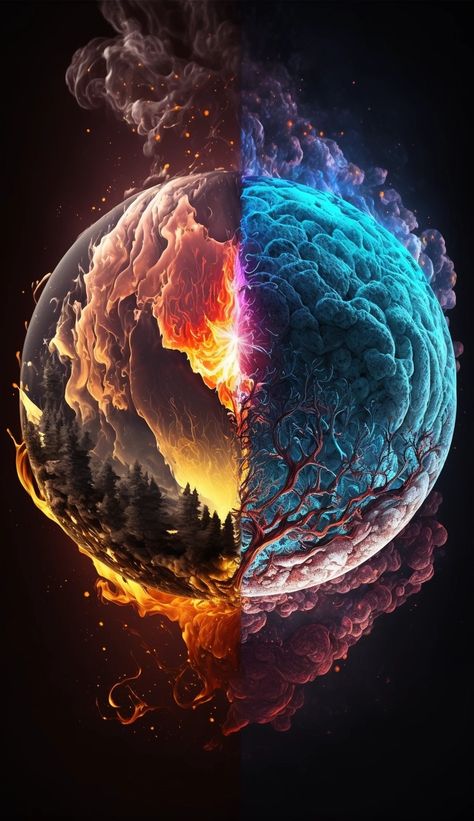 A abstract image which a planet with fire & ice together