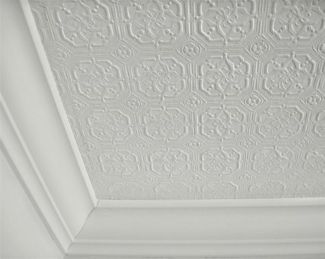 Anaglypta wallpaer ceiling - solution for problem ceilings Anaglypta Wallpaper, Ceiling Paper, Ceiling Wallpaper, Faux Tin, Paintable Wallpaper, Wallpaper Ceiling, Tin Ceiling Tiles, Ceiling Treatments, Colored Ceiling